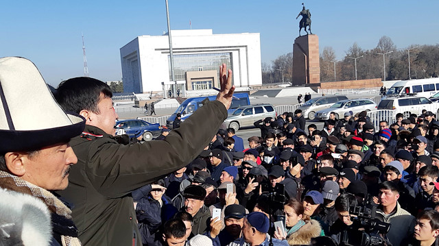 People attend a protest against the rising Chinese presence in the country in Bishkek