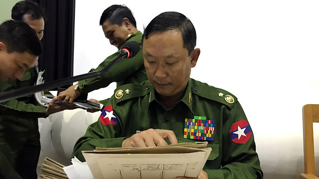 Major General Tun Tun Nyi reports to the press about the recent Arakan army conflict and the peace process, at the Defense Services Museum in Naypyidaw, Myanmar.