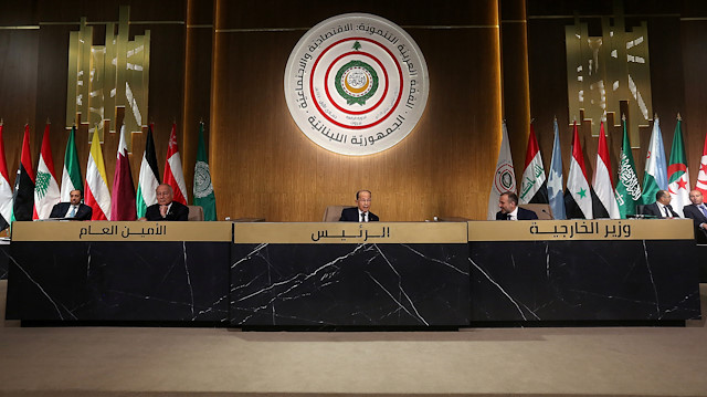 Lebanese President Michel Aoun talks during the Arab Economic and Social Development summit 