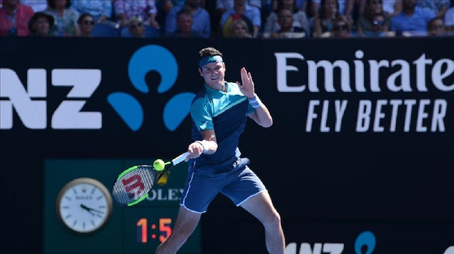 Milos Raonic of Canada in action against Alexander Zverev (not seen) of Germany during Australian Open 2019 Men's Singles match in Melbourne, Australia.