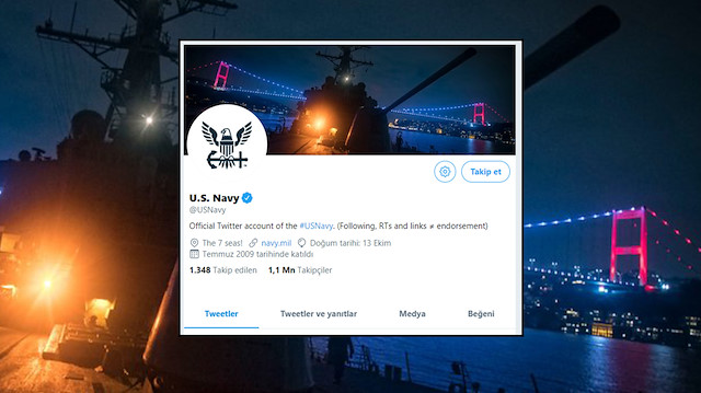 ABD Donanması'nın resmi Twitter hesabı ve Boğazlardan geçen savaş gemisinin fotoğrafı.