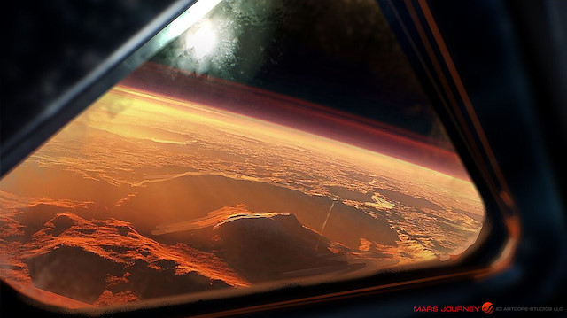 Bir uzay gemisinin penceresinden görülen kızıl gezegen çizimi. 