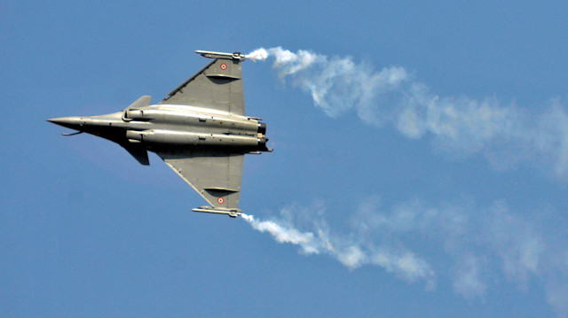 A Rafale fighter jet performs during the Aero India air show at Yelahanka air base