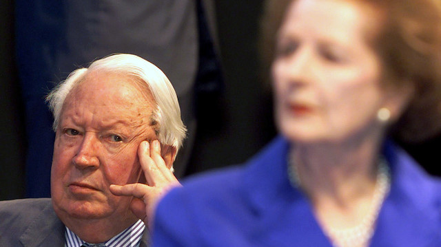 Former Prime Ministers Lady Thatcher and Edward Heath listen to speeches at the 115th Conservative Party conference in Bournemouth in this file photograph dated October 7, 1998. 
