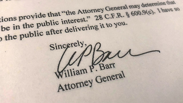 U.S. Attorney General William Barr's signature is seen on a copy of his letter to U.S. 