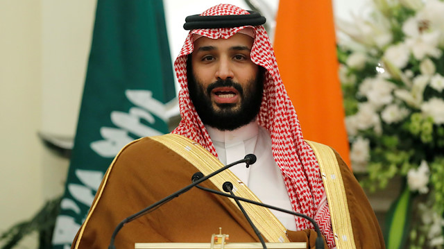 Saudi Arabia's Crown Prince Mohammed bin Salman speaks during a meeting 