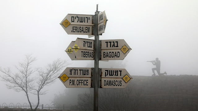 Signs pointing out distances to different cities is seen on Mount Bental