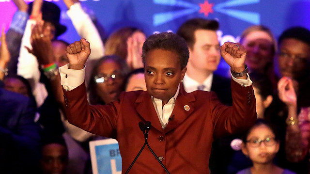 Mayoral candidate Lori Lightfoot clinches her fists as she speaks during her election night celebration after defeating her challenger Toni Preckwinkle in a runoff election in Chicago, Illinois, U.S., April 2, 2019.