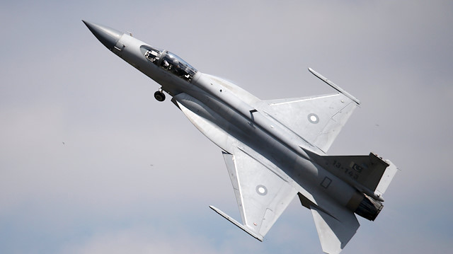 A JF-17 Thunder fighter participates in a flying display during the 51st Paris Air Show