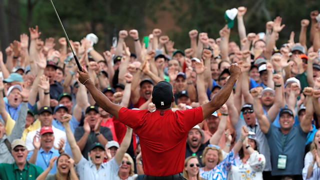 Golf - Masters - Augusta National Golf Club - Augusta, Georgia, U.S. - April 14, 2019 - Tiger Woods of the U.S. celebrates on the 18th hole after winning the 2019 Masters. REUTERS/Mike Segar TPX IMAGES OF THE DAY

