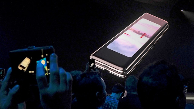 File photo: The Samsung Galaxy Fold phone is shown on a screen at Samsung Electronics 