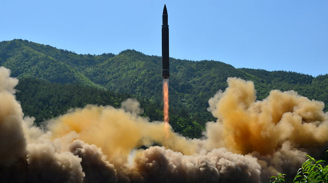 FILE PHOTO: The intercontinental ballistic missile Hwasong-14 is seen during its test in this undated photo released by North Korea's Korean Central News Agency (KCNA) in Pyongyang, North Korea July 5 2017. To Match Special Report USA-NUCLEAR/ICBM KCNA/via REUTERS 