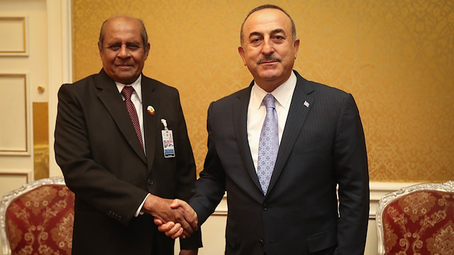 Turkish Foreign Minister Mevlüt Çavuşoğlu and Foreign Minister of Sri Lanka Tilak Marapana meet after the16th foreign ministers' meeting of Asian Cooperation Dialogue, in Doha,