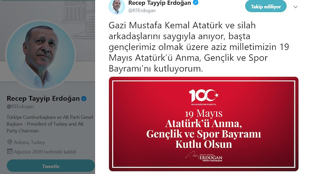 Cumhurbaşkanı Erdoğan'ın '19 Mayıs' mesajı