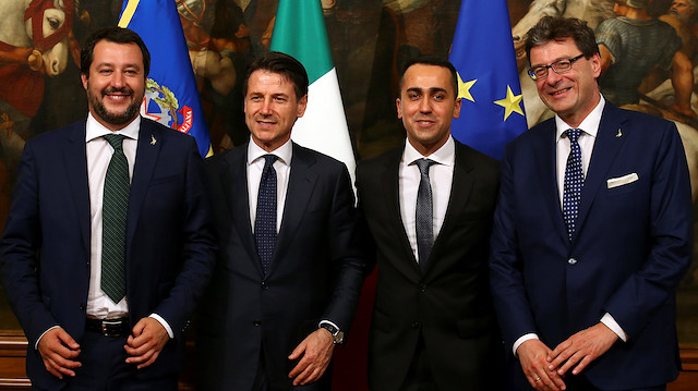 Newly appointed Italian Prime Minister Giuseppe Conte poses with undersecretary for Prime Minister Giancarlo Giorgetti, Interior Minister Matteo Salvini and Minister of Labor and Industry Luigi Di Maio at Chigi palace in Rome, Italy.