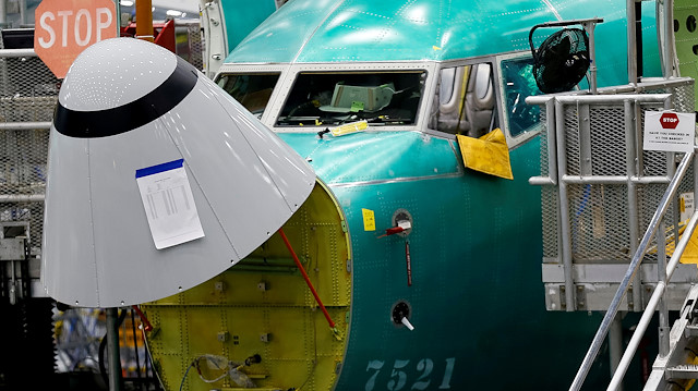 The angle of attack sensor, at bottom center, is seen on a 737 Max aircraft at the Boeing factory in Renton, Washington, U.S., March 27, 2019.