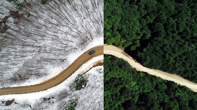 Bir yarısı kar, diğer yarısı yemyeşil bahar ve yaz manzaralarından oluşan fotoğraflarda Türkiye'nin doğusundan batısına, kuzeyinden güneyine özellikle orman ve yollardaki mevsimsel değişiklikler göze çarpıyor.