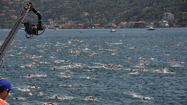 Participants swim during the 30th Bosphorus Cross-Continental Swimming 