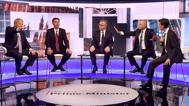 Boris Johnson, Jeremy Hunt, Michael Gove, Sajid Javid and Rory Stewart appear on BBC TV's debate with candidates vying to replace British PM Theresa May, in London, Britain June 18, 2019.
