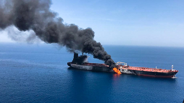 An oil tanker is seen after it was attacked at the Gulf of Oman, in waters between Gulf Arab states and Iran, June 13, 2019. ISNA/