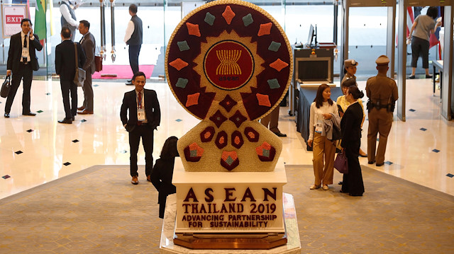 A logo of the 34th ASEAN Summit is seen at the entrance to the venue in Bangkok