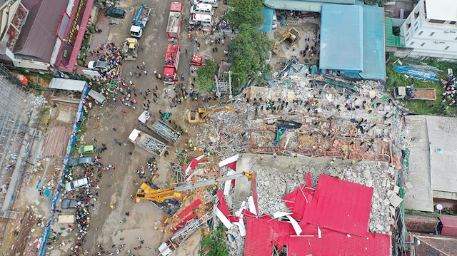 An overhead view of a collapsed under-construction building in Sihanoukville, Cambodia