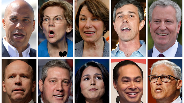 The line up of U.S. Democratic presidential candidates who will participate in the party's first of two nights of debate in Miami on June 26, 2019, in a combination file photos (L-R top row): U.S. Senators Cory Booker, Elizabeth Warren, Amy Klobuchar, Former U.S. Representative Beto O'Rourke, and New York City Mayor Bill de Blasio. (L-R bottom row): Former U.S. Representative John Delaney, U.S. Representatives Tim Ryan, Tulsi Gabbard, former HUD Secretary Julian Castro, and Gov. Jay Inslee. 