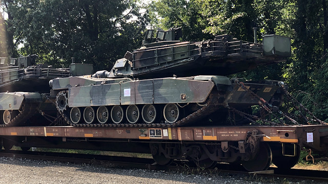 File photo: An M1 Abrams tank sits atop a flat car in Washington