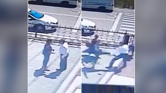 Kadın gazetecinin erkek meslektaşını tekme tokat dövmesi güvenlik kamerasına yansıdı.