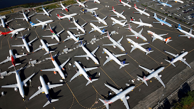 Dozens of grounded Boeing 737 MAX aircraft are seen