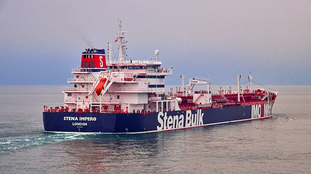 Stena Impero, a British-flagged vessel owned by Stena Bulk, is seen at Bandar Abbas port, in this undated handout photo. Tasnim News Agency/