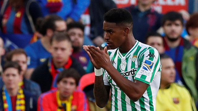 File photo: Real Betis' Junior Firpo celebrates scoring their first goal 
