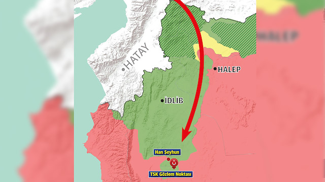 Han Şeyhun ve TSK Gözlem Noktası'nın konumlarını belirten harita.