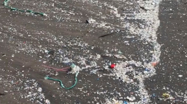 A still image taken from a video obtained on social media shows microplastics washing up on a shore