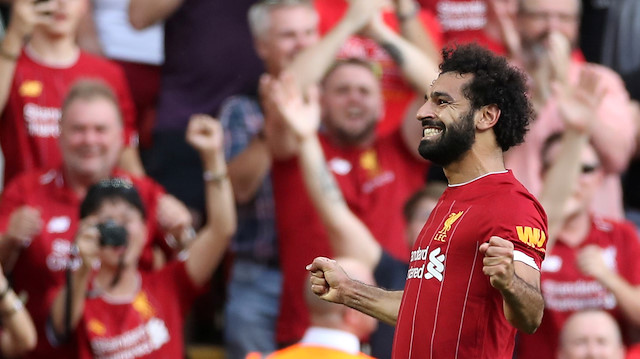 Soccer Football - Premier League - Liverpool v Arsenal - Anfield, Liverpool, Britain - August 24, 2019 Liverpool's Mohamed Salah celebrates scoring their third goal Action Images via Reuters/Carl Recine