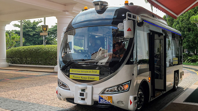 An autonomous shuttle bus is seen during a public trial on Sentosa Island, Singapore 
