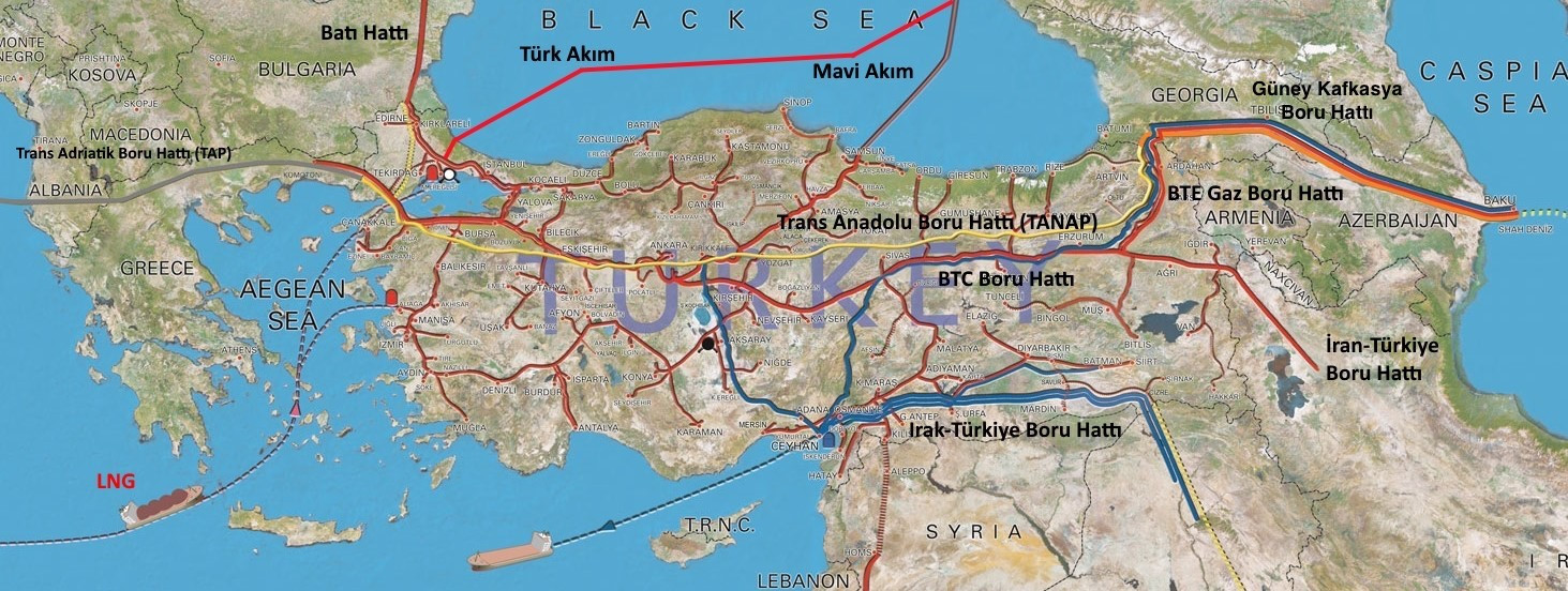 Türkiye'nin enerji ithalatı hatlarını gösteren harita.