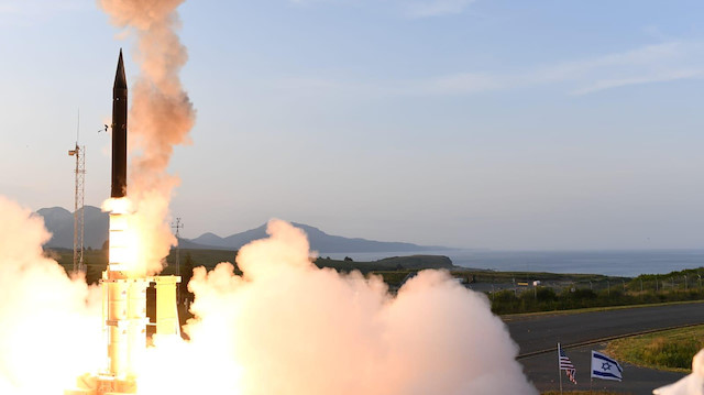 Israel's U.S.-backed Arrow-3 ballistic missile shield is seen during a series of live interception tests over Alaska, U.S., in this handout picture obtained by Reuters on July 28, 2019. 