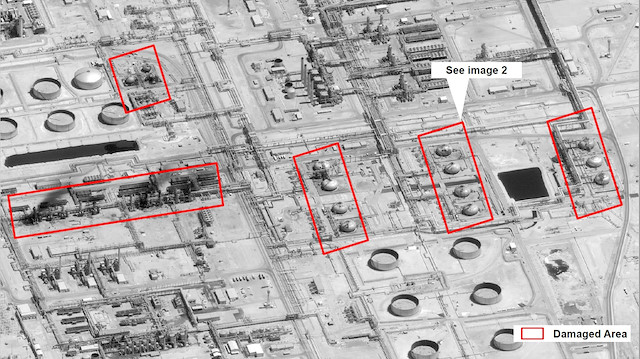A satellite image showing damage to oil/gas Saudi Aramco infrastructure at Abqaiq, in Saudi Arabia in this handout picture released by the U.S Government September 15, 2019. U.S. Government/