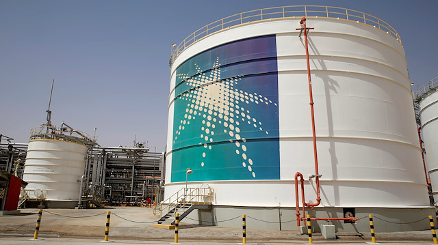 An Aramco oil tank is seen at the Production facility at Saudi Aramco's Shaybah 