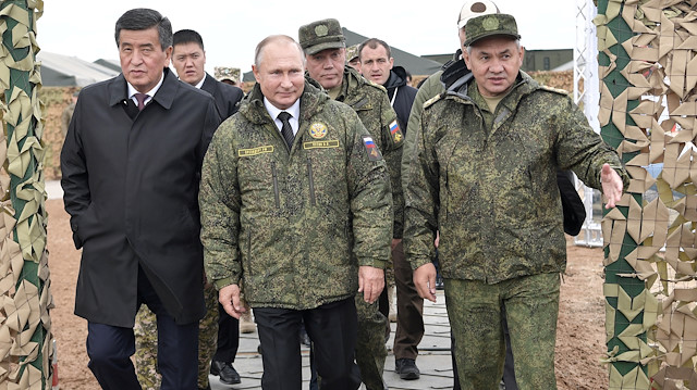 Russian President Vladimir Putin, his Kyrgyz counterpart Sooronbay Jeenbekov, Russian Defence Minister Sergei Shoigu and Chief of the General Staff of Russian Armed Forces Valery Gerasimov visit the firing range Donguz to oversee the military exercises known as "Centre-2019" in Orenburg Region, Russia 