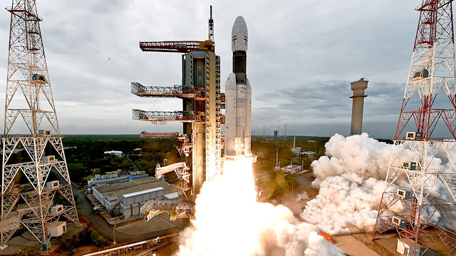 File photo: India's Geosynchronous Satellite Launch Vehicle Mk III-M1 blasts off carrying Chandrayaan-2 from the Satish Dhawan space centre at Sriharikota, India