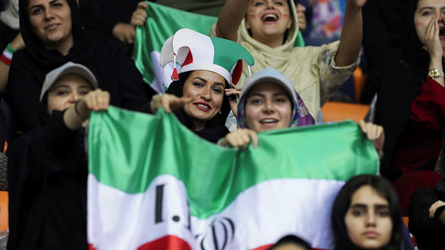 Iranian women attend Asian Men's Volleyball Championship between Iran and Qatar in Azadi stadium in Tehran, Iran September 14, 2019. Picture taken September 14, 2019. Nazanin Tabatabaee/WANA
