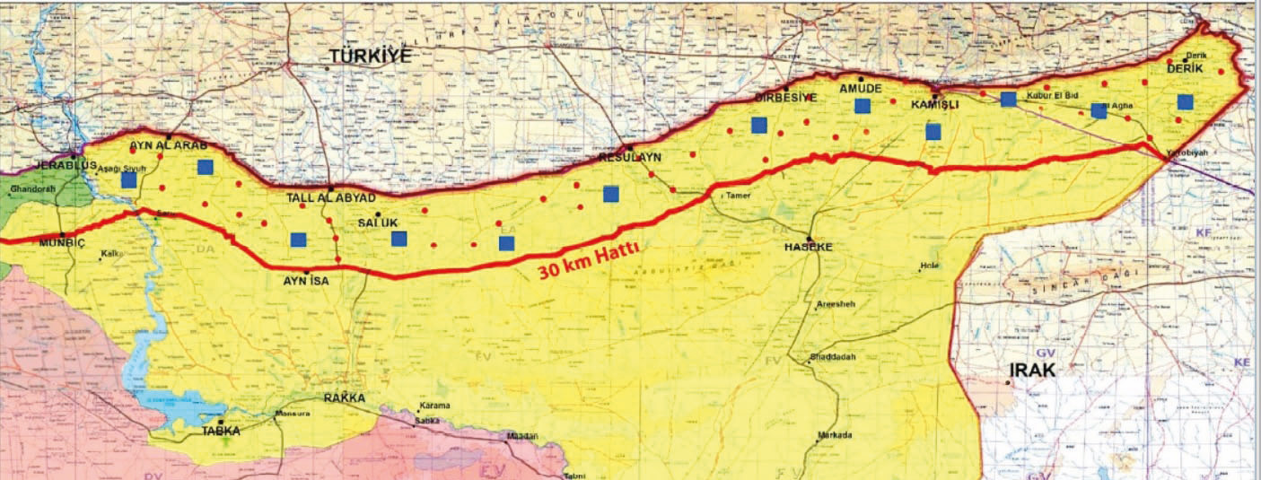 Güvenli bölge, Türkiye sınırı boyunca 480 kilometrelik hattı ve 30 kilometre derinlikteki alanı kapsıyor.