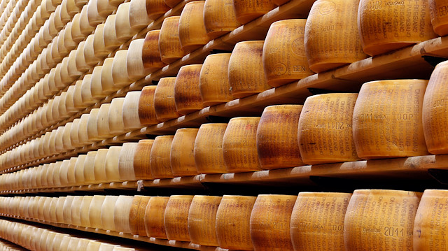 File photo: A storage area for Parmesan cheese wheels is pictured in Italy