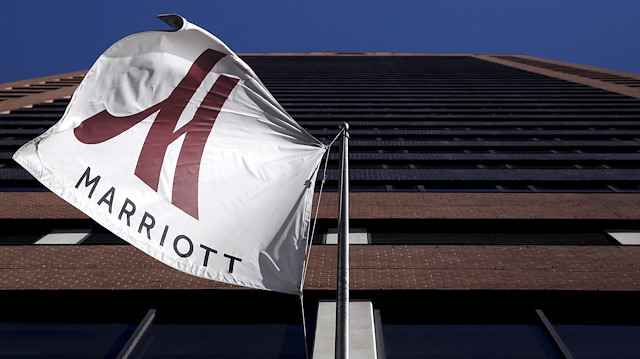 A Marriott flag hangs at the entrance of the New York Marriott Downtown hotel 