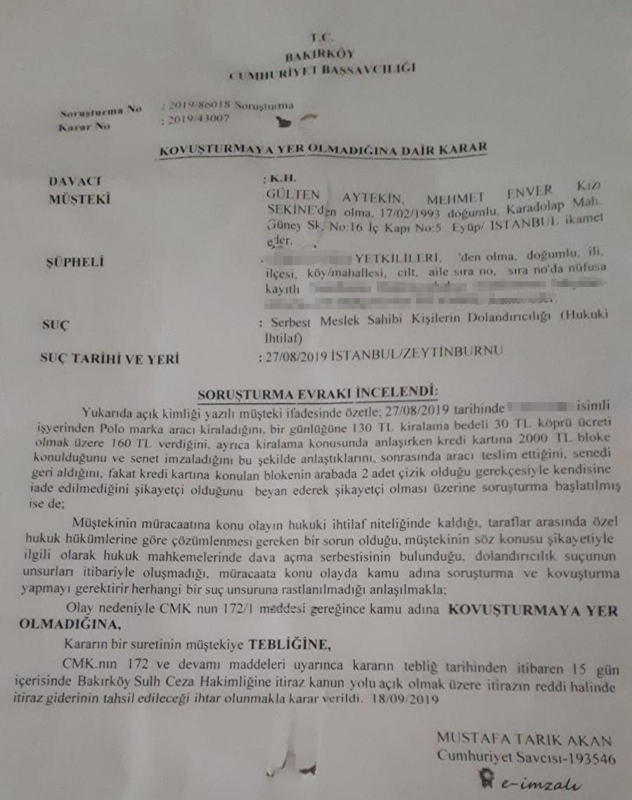 Savcılığa yapılan suç duyurusu ve çıkan karar.