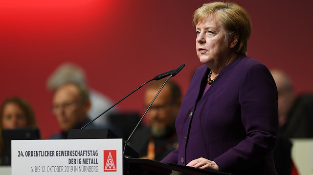 German Chancellor Angela Merkel speaks to delegates of Germany's largest industrial union IG Metall during the trade union congress in Nuremberg, Germany October 10, 2019. REUTERS/Andreas Gebert

