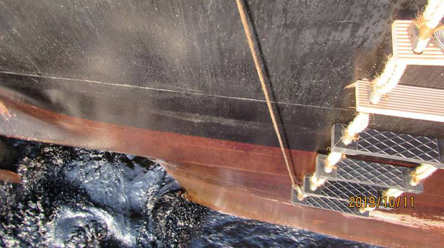 A damage is seen on Iranian-owned Sabiti oil tanker sailing in Red Sea