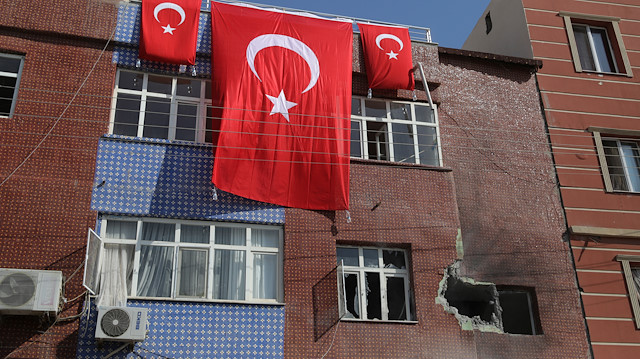 A view shows the facade of a building after it was hit by PKK terrorists 